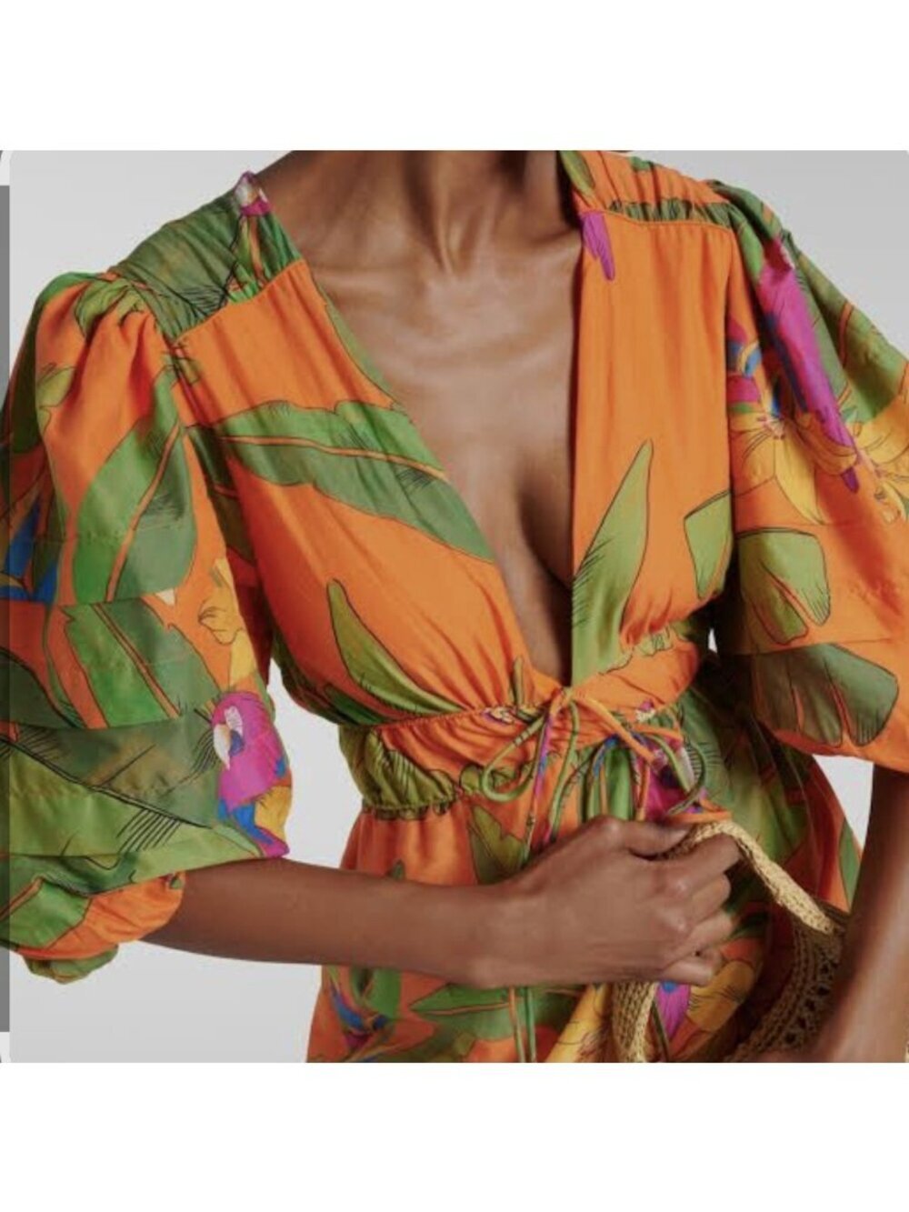 FARM Rio Fresh Macaws Orange Midi Dress S Puff Sleeve Tropical NWT Tag